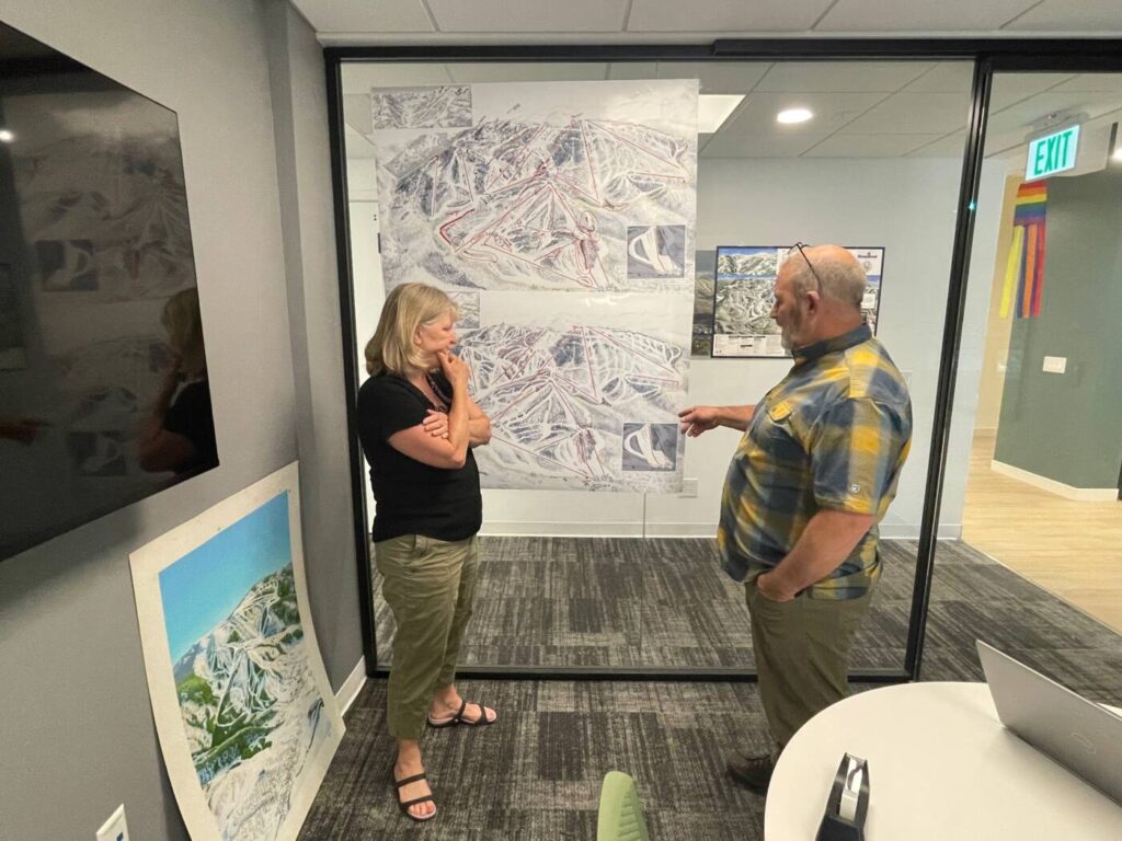 Steamboat marketing team members Heidi Barbee and Mike Ward collaborate on the distinctions between terrain perspectives and guest interpretation of terrain.
